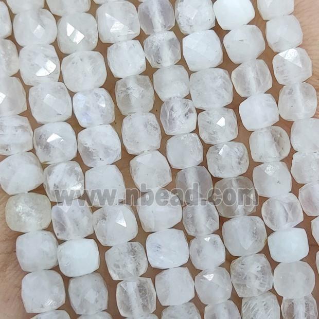 Natural White Moonstone Beads Blue Flash Faceted Cube