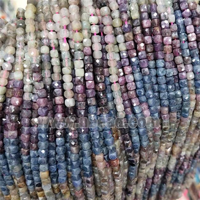 Natural Ruby Sapphire Corundum Beads Multicolor Faceted Cube