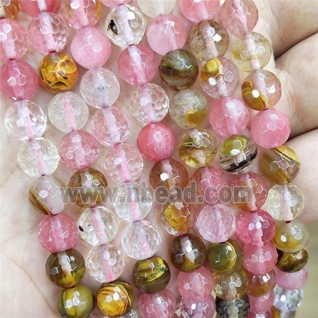 Synthetic Quartz Beads Pink TigerSkin Faceted Round