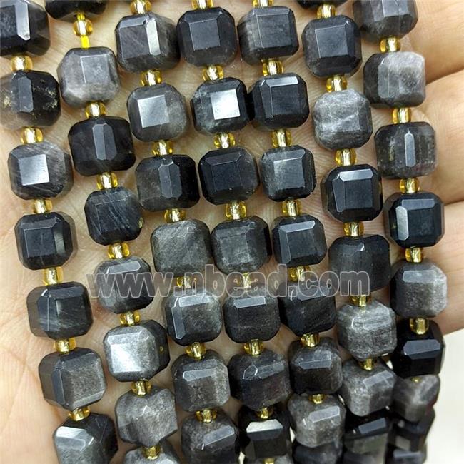 Natural Obsidian Beads Silver Flash Faceted Cube