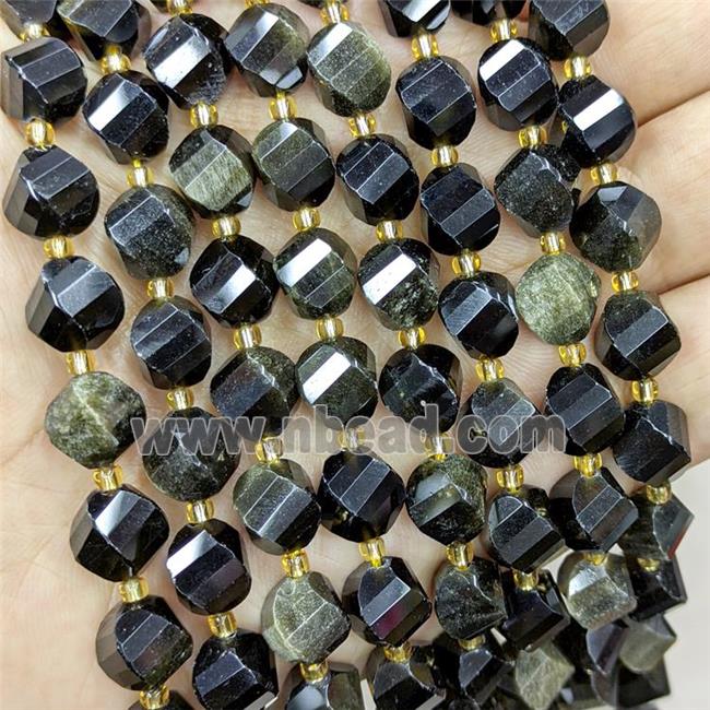 Natural Obsidian Twist Beads S-Shape Faceted Gold Flash