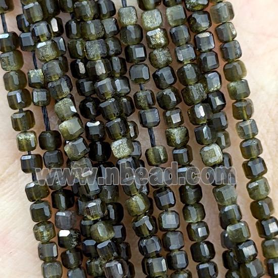 Natural Obsidian Beads Golden Flash Faceted Cube