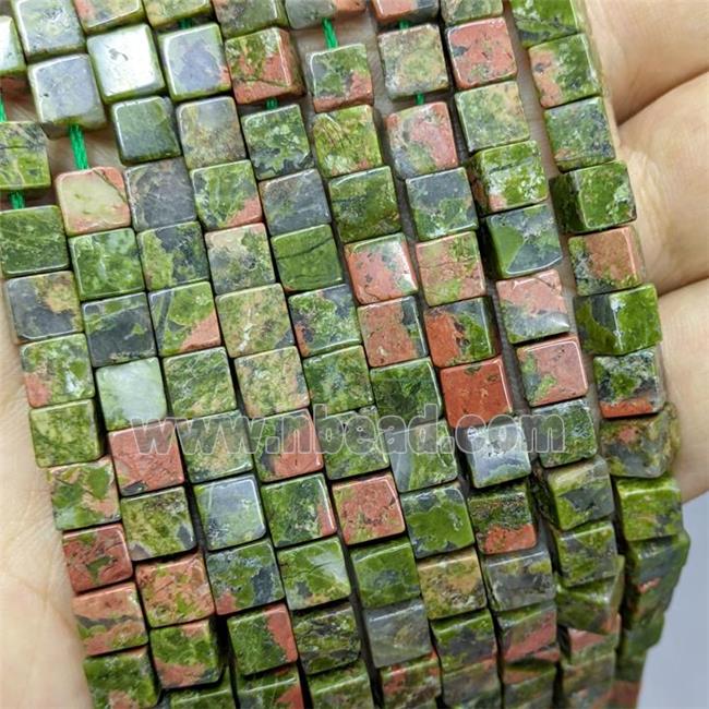 Natural Unakite Beads Cube Green