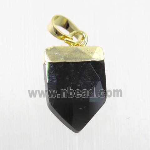 black onyx agate pendant, faceted arrowhead, silver plated