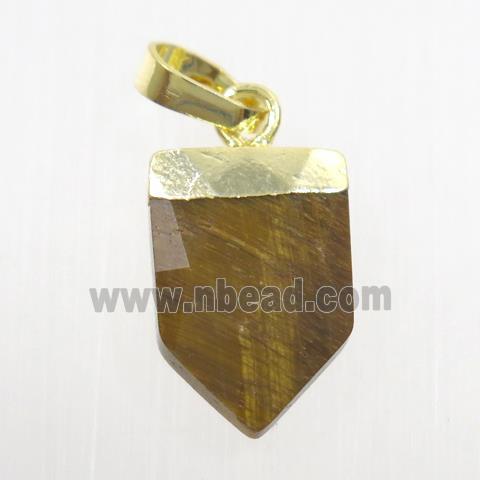 yellow Tiger eye stone pendant, faceted arrowhead, gold plated