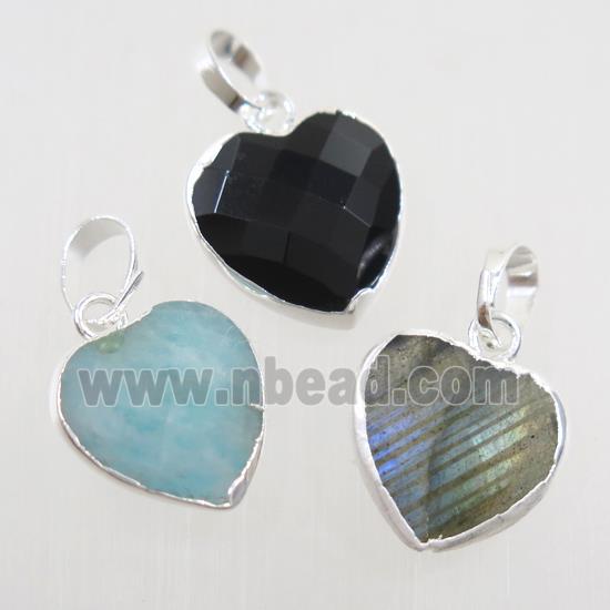 mix gemstone pendant, faceted heart, silver plated