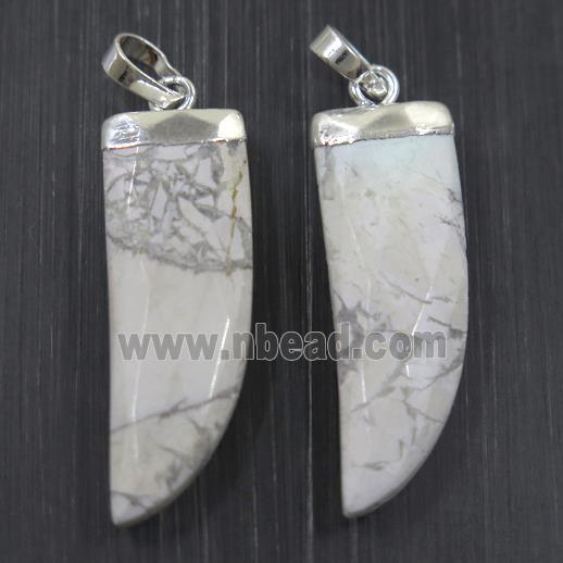 white howlite horn pendant, silver plated