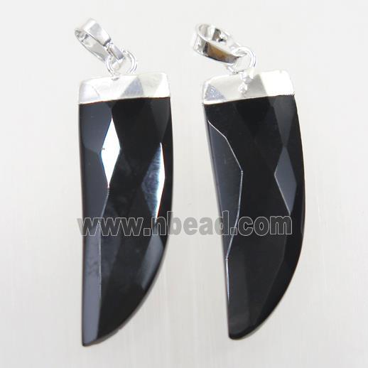 black Onyx Agate horn pendant, silver plated