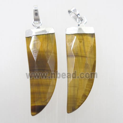 yellow Tiger eye stone pendant, faceted horn, silver plated