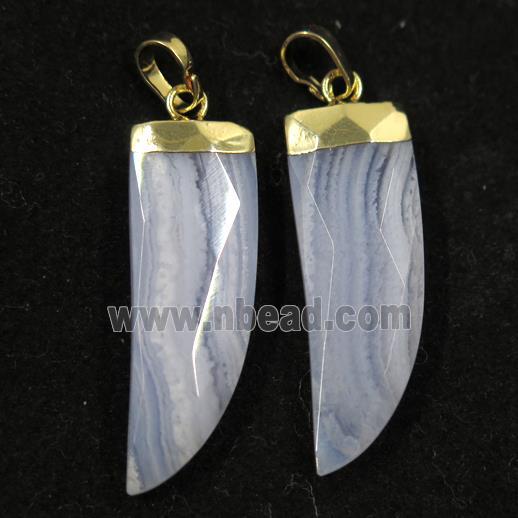 Blue Lace Agate horn pendant, gold plated