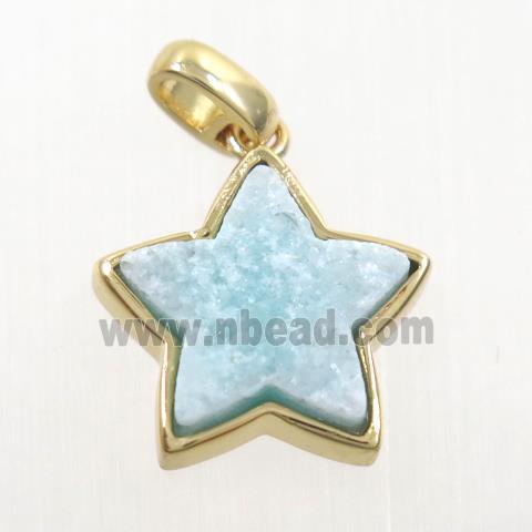 aqua druzy quartz pendant, star, gold plated