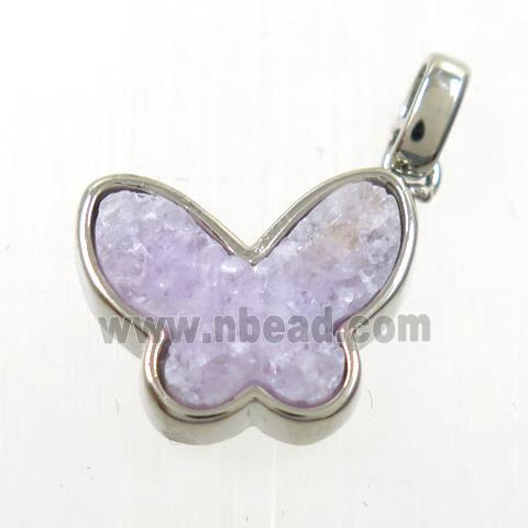 purple druzy quartz pendant, butterfly, platinum plated