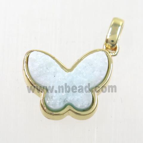 aqua druzy quartz pendant, butterfly, gold plated