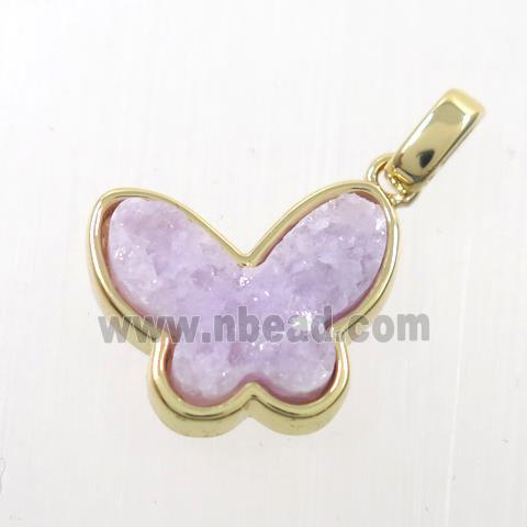 purple druzy quartz pendant, butterfly, gold plated