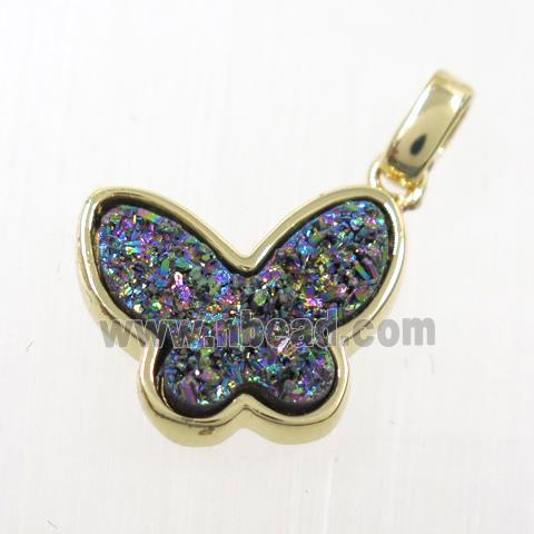 rainbow druzy quartz pendant, butterfly, gold plated