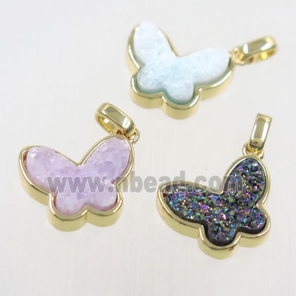 druzy quartz butterfly pendant, mix color, gold plated