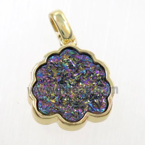 rainbow druzy quartz pendant, strawberry, gold plated