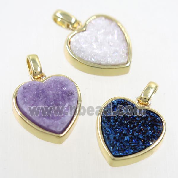 druzy quartz heart pendant, mix color, gold plated