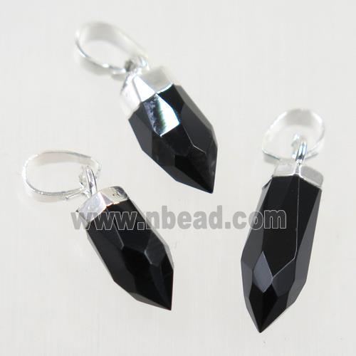 black Onyx Agate pendant, faceted bullet, silver plated