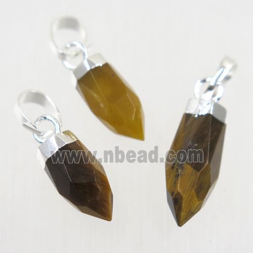 yellow Tiger eye stone pendant, faceted bullet, silver plated