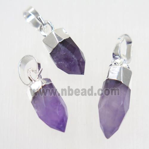 purple Amethyst pendant, faceted bullet, silver plated