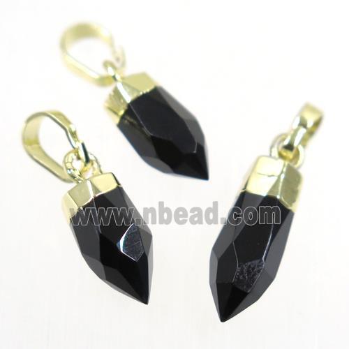 black onyx agate pendant, faceted bullet, gold plated