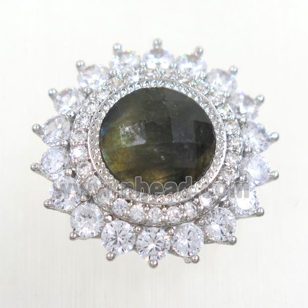 Labradorite sunFlower beads pave zircon, platinum plated