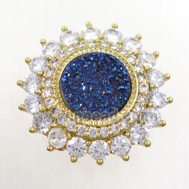 blue Druzy Quartz SunFlower beads pave zircon, gold plated