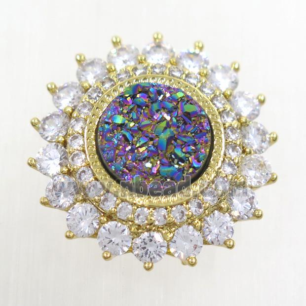 rainbow Druzy Quartz SunFlower beads pave zircon, gold plated