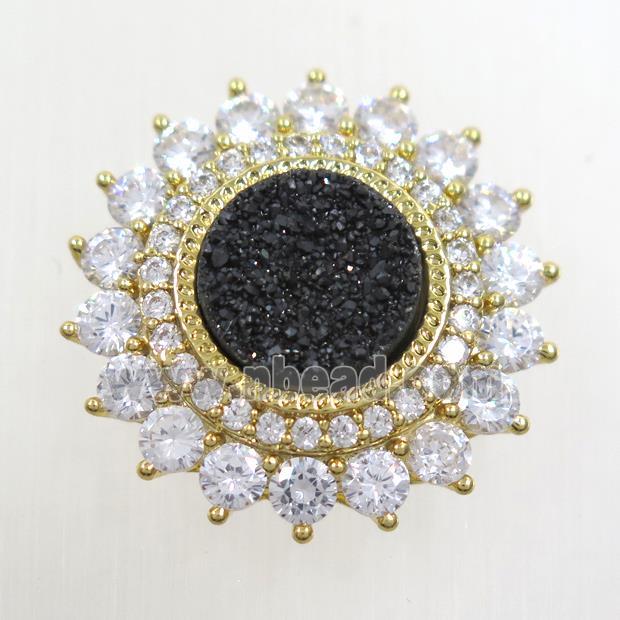 black Druzy Quartz SunFlower beads pave zircon, gold plated