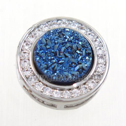 blue Druzy Quartz beads pave zircon, flat-round, platinum plated