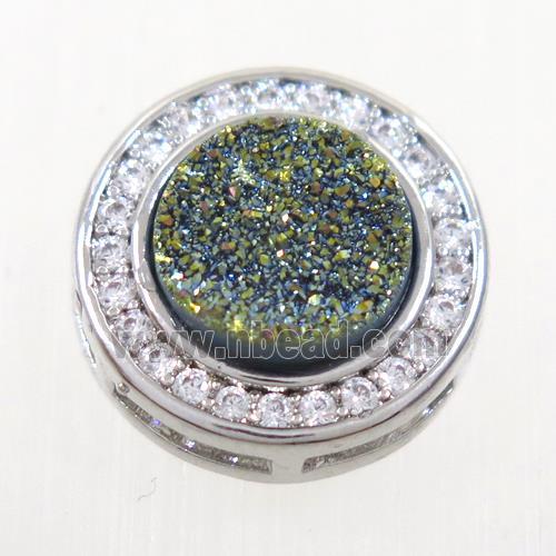 green Druzy Quartz beads pave zircon, flat-round, platinum plated