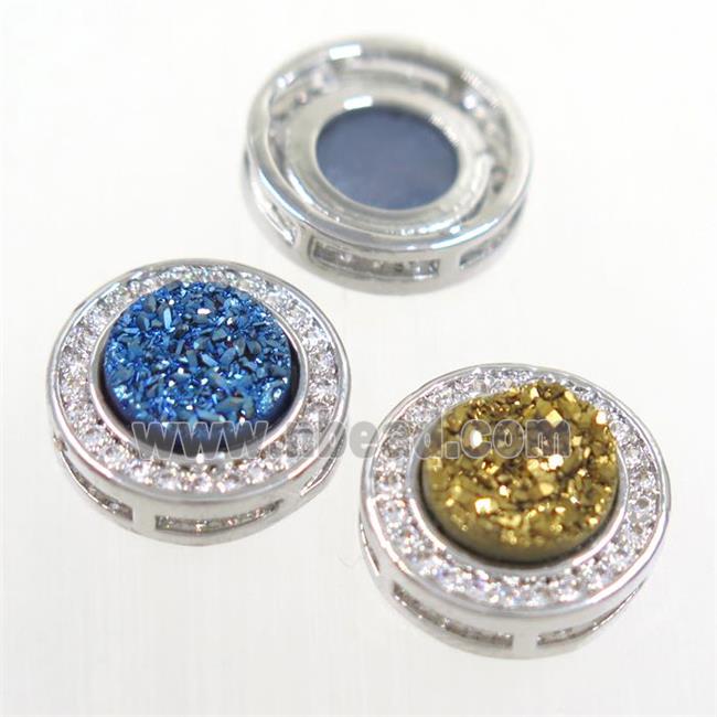 mix color Druzy Quartz beads pave zircon, flat-round, platinum plated