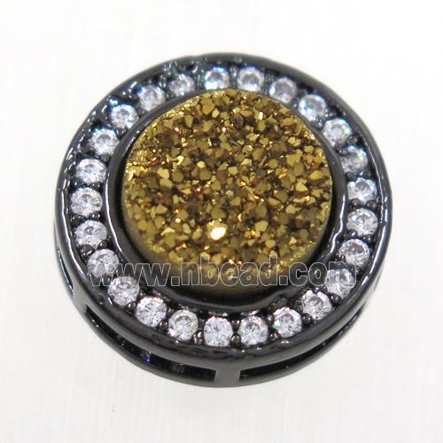 gold Druzy Quartz beads pave zircon, flat-round, black plated