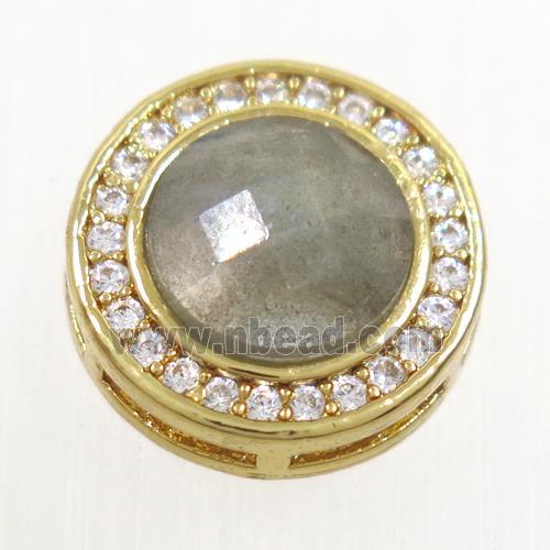 Labradorite beads pave zircon, flat-round, gold plated
