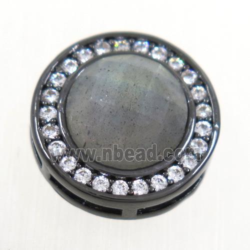 Labradorite beads pave zircon, flat-round, black plated