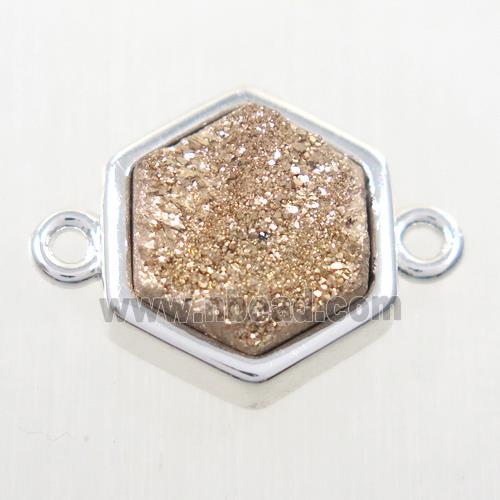 gold champagne Druzy quartz hexagon connector, platinum plated