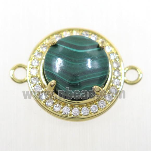 green Malachite connector pave zircon, flat round, gold plated