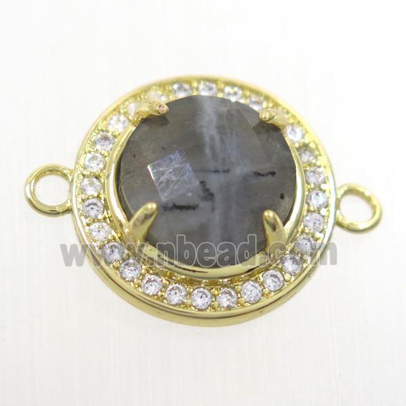 gray moonstone connector pave zircon, flat round, gold plated