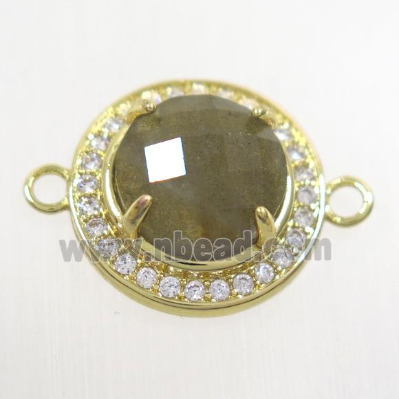 Labradorite connector pave zircon, flat round, gold plated