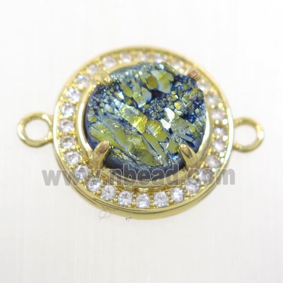 green Druzy agate connector pave zircon, flat round, gold plated