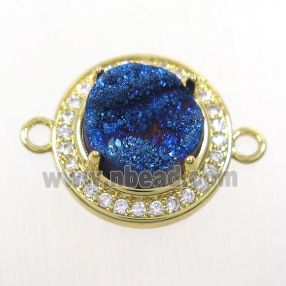 blue Druzy agate connector pave zircon, flat round, gold plated