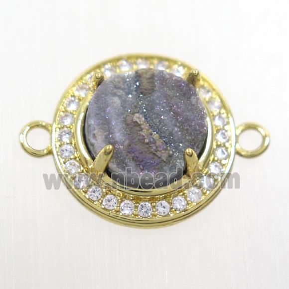 natural color Druzy agate connector pave zircon, flat round, gold plated