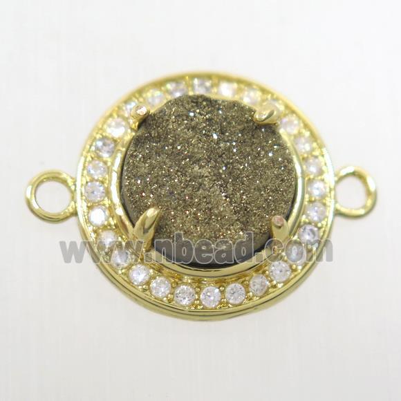 golden Druzy agate connector pave zircon, flat round, gold plated
