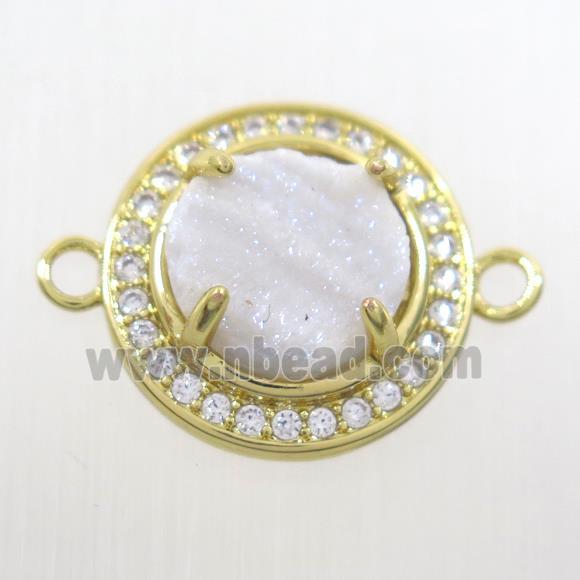 white AB-color Druzy agate connector pave zircon, flat round, gold plated