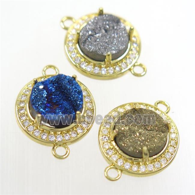 mix color Druzy agate connector pave zircon, flat round, gold plated