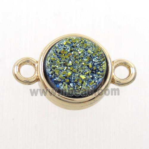 green Druzy agate connector, flat-round, gold plated