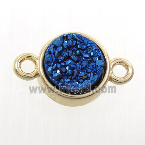 blue Druzy agate connector, flat-round, gold plated