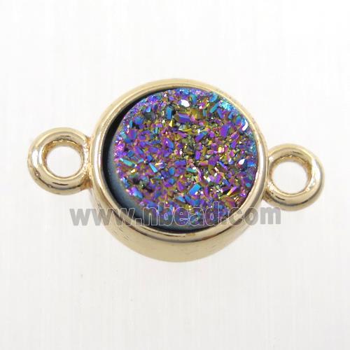 rainbow Druzy agate connector, flat-round, gold plated