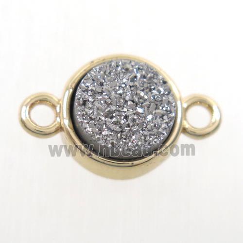 silver Druzy agate connector, flat-round, gold plated